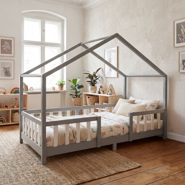 en.casa 'Treviolo' Hausbett 90x200 cm, grau/weiß, Kiefernholz, mit Lattenrost und Rausfallschutz