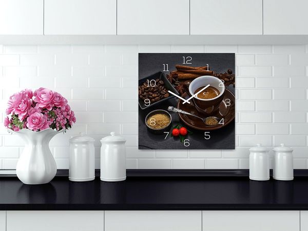 Levandeo® Wanduhr (Wanduhr Glas 30x30cm Kaffee Braun Glasuhr Uhr Glasbild Küche Deko)