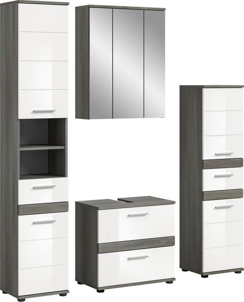 welltime Badmöbel-Set Lucca, bestehend aus: 2x Hochschrank, 1x Waschbeckenunterschrank &, (Set, 4-St), 1x Spiegelschrank, Badkombination, Bad-Möbel, Badezimmer
