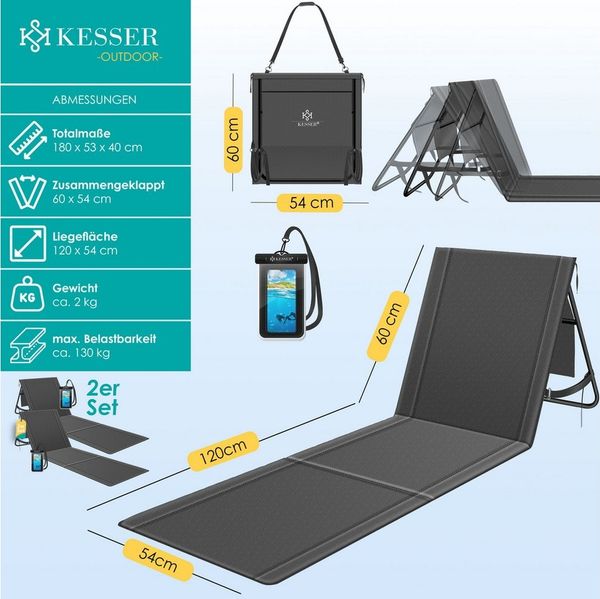KESSER® Strandmatte klappbar mit verstellbarer Rückenlehne, Strandliege faltbar mit Tragegurt, wasserdichter Handyhülle & Aufbewahrungstasche, Sonnenliege für Strand Garten Terrasse, Liegematte 130Kg Anthrazit, 2er Set