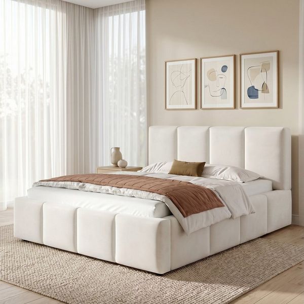 OKWISH Polsterbett Doppelbett mit Lattenrost & Kopfteil (Packung, gepolstert, sicheres Design & Fixierung, ohne Matratze), 180x200 cm beige Chenille-Bezug