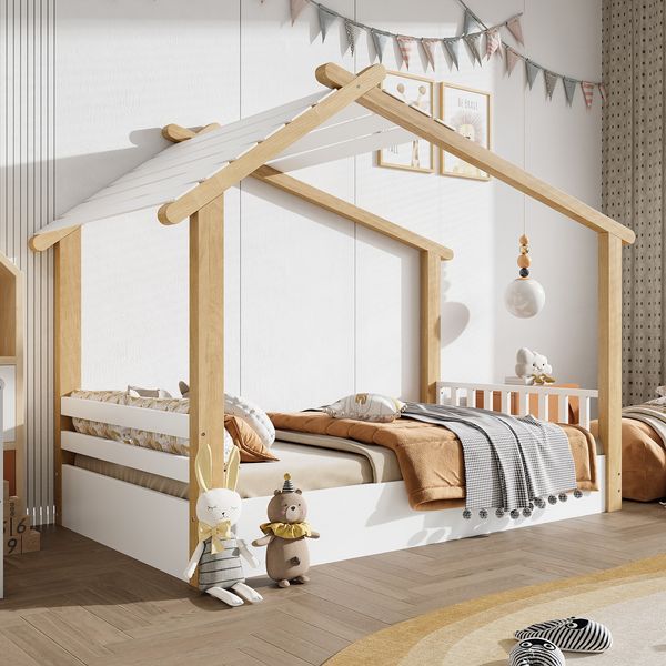 Holzbetten, Kinderbett, Einzelbett, Exquisites Holzhausdesign, Stabile Lattenroste, Schlichtes Design, Kiefer + Spanplatte +MDF, Weiß+Natur, 90x190cm