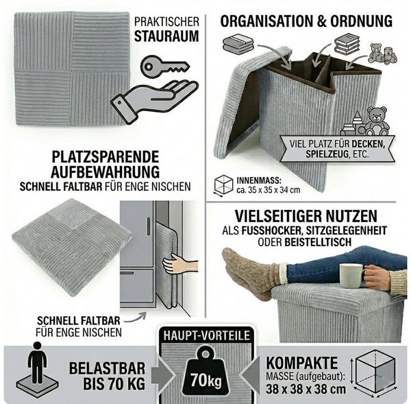 Macosa Home Stauraumhocker Sitzhocker faltbar mit Deckel 38 cm Creme od. Grau (Hocker Falthocker Aufbewahrung modern, 1 St, Hocker Falthocker Aufbewahrung modern), Sitzwürfel Cord Aufbewahrungshocker Bild 3