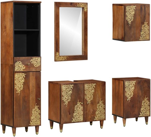 vidaXL Badezimmerschrank-Set mit Tür 5 pcs Honigbraun Massivholz Mango 3310150