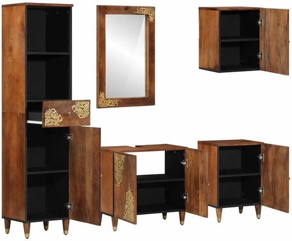 vidaXL Badezimmerschrank-Set mit Tür 5 pcs Honigbraun Massivholz Mango 3310150