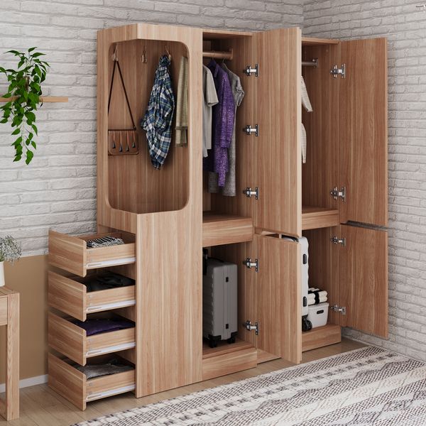 Schrank 140x40x170 cm, Naturholzoptik, mit Türen, Schubladen und offenem Hängefach