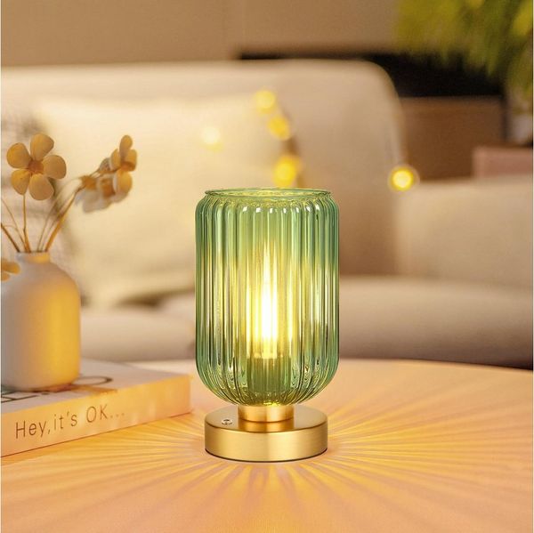Jibenhome LED Tischleuchte Glas-Tischlampe für Schlafzimmer,Dimmbar/Kabellos, LED wechselbar, 7500 mAh wiederaufladbar/Batteriebetrieben,Für Wohnzimmer Schreibtisch