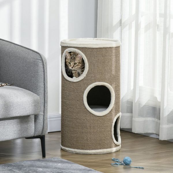 PawHut Kratztonne 3 Ebenen, Katzenkratzbaum mit 3 Höhlen, Kratztonne, (Katzenmöbel, 1-tlg, Kratzturm), für Katzen mit einem Gewicht von unter 5 kg