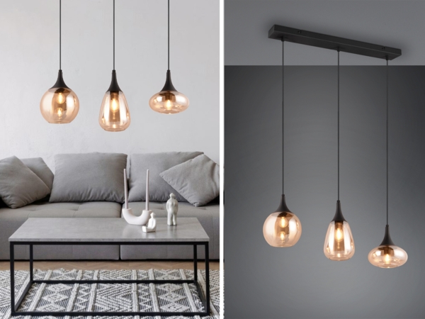 Pendelleuchte LUMINA 3-flammig, Glas amberfarbig, Breite 70cm