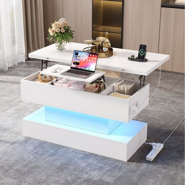 HAUSS SPOLE Couchtisch mit LED,Wohnzimmertisch Sofatisch höhenverstellbar mit Steckdose (höhenverstellbar Sofatisch, Satztisch, Beistelltisch, 1-St, 100*50*51.5cm), mit LED, Steckdose, USB-C und USB-Ladebuchse