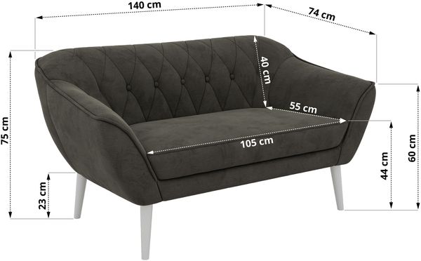 Polstersofa PIRS 2 Skandinavisches Sofa 2-Sitzer, Sofa mit Wellenfederung, Breite 140 cm, weiße Füße Hoher Sitzkomfort - Dunkelgrau Velvet Bild 5