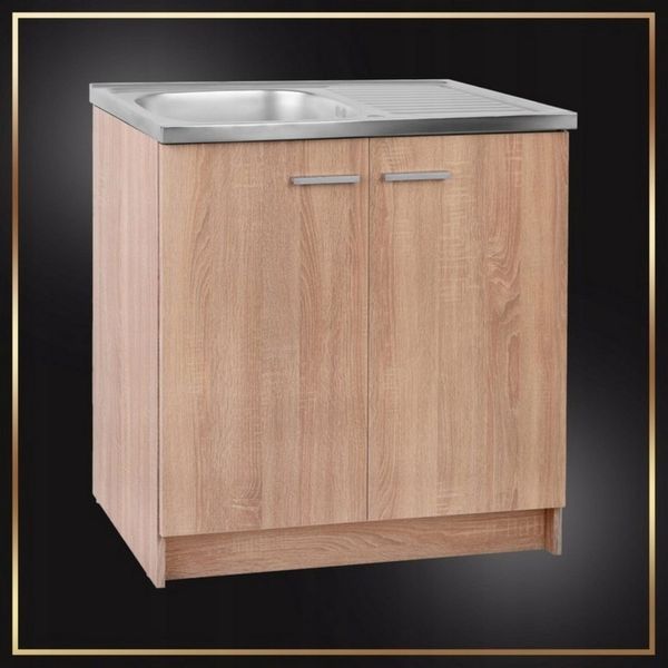STAMAR Spülenschrank Küchenschrank 80cm Sonoma Spüle Abtropf Armatur Schwarz Elastisch XXL Standschrank 49cm Tiefe Siphon Geschirrspüler Komplett Montagefertig
