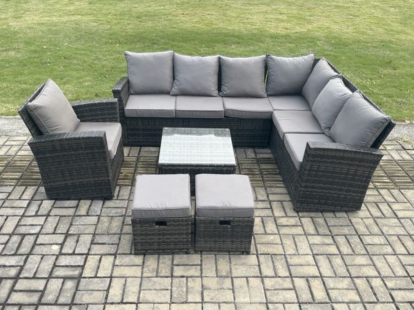 Fimous 9 Sitzer Gartenmöbel-Set aus Rattan Hoher Rücken Rattan Ecksofa Sessel Set mit 2 kleine Fußhockern Quadratischer Couchtisch