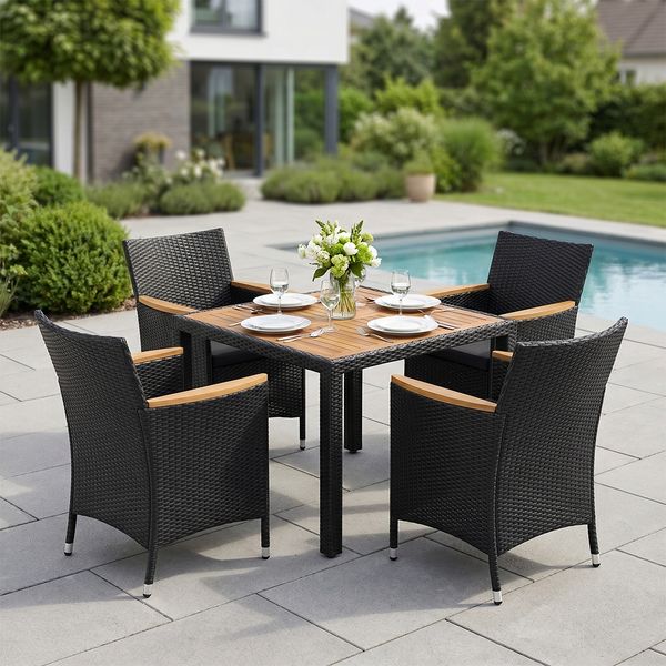STEELSØN 'Fawaris' Polyrattan Sitzgruppe Outdoor 5-tlg, Gartenmöbel Set aus 4 Stühlen und Tisch inkl. Kissen, Akazienholz, schwarz, wetterfest für 4 Personen