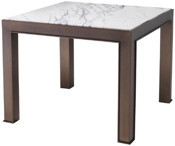 Casa Padrino Luxus Beistelltisch Antik Messingfarben / Weiß / Lila 65 x 65 x H. 51,5 cm - Edelstahl Tisch mit Marmorplatte - Wohnzimmer Möbel - Luxus Möbel