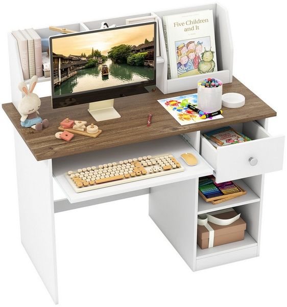 COSTWAY Kinderschreibtisch, mit Schublade, Bücherregal & Tastaturablage