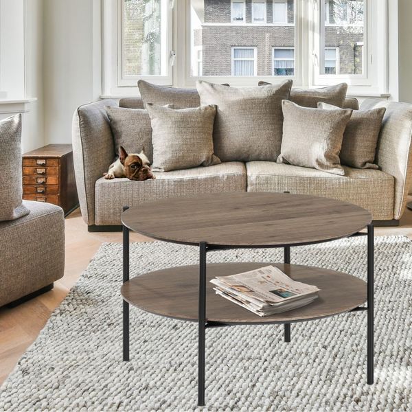 Moderner Couchtisch PINA 63x38cm taupe Ablage Pinien-Optik schwarzes Metallgestell