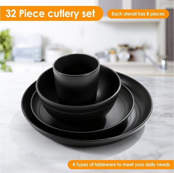 BlingBin Geschirr-Set 32 Stück Weizenstroh Geschirrset für 8 Personen, Camping Plates Set (32-tlg), 8 Personen, Kunststoff, Kunststoffteller & Schüsseln für Salat,Wiederverwendbar,Unzerbrechlich