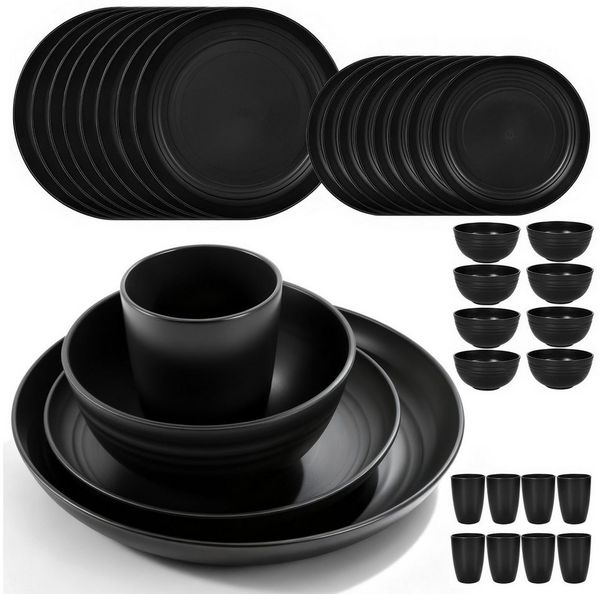 BlingBin Geschirr-Set 32 Stück Weizenstroh Geschirrset für 8 Personen, Camping Plates Set (32-tlg), 8 Personen, Kunststoff, Kunststoffteller & Schüsseln für Salat,Wiederverwendbar,Unzerbrechlich