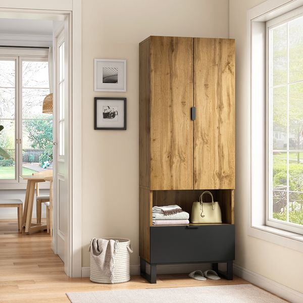 Garderobenschrank aus Spanplatte mit Kleiderstange & Schublade, 65x38x180 cm, Natur/Schwarz