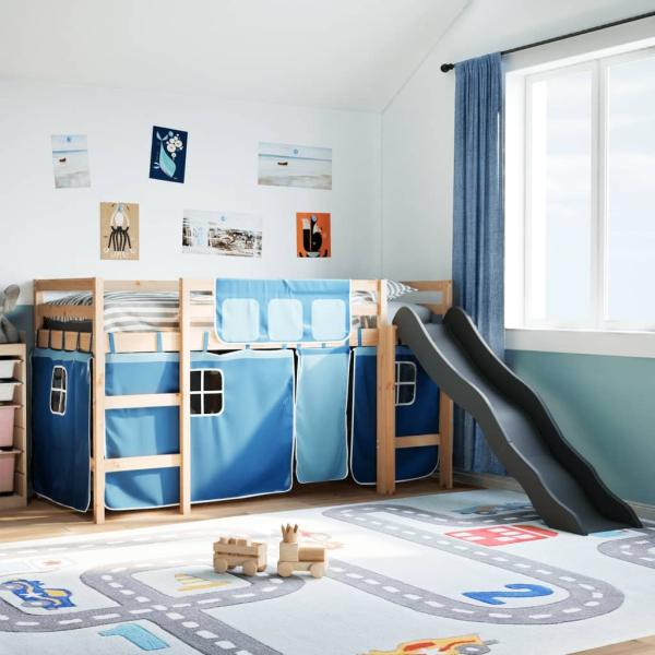 vidaXL Kinderhochbett mit Vorhängen Blau 80x200 cm Massivholz Kiefer 3309066