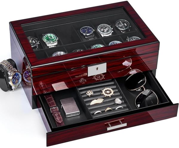 Uhrenbox Herren Watch Box Uhrengehäuse Glasdeckel 2-Tier Organizer UJWB001Y
