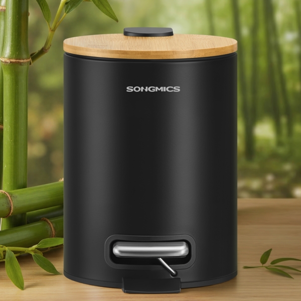 SONGMICS Mülleimer Bad 3 Liter, Kosmetikeimer mit Bambusdeckel aus Bambus, Tretmülleimer für Badezimmer, schwarz