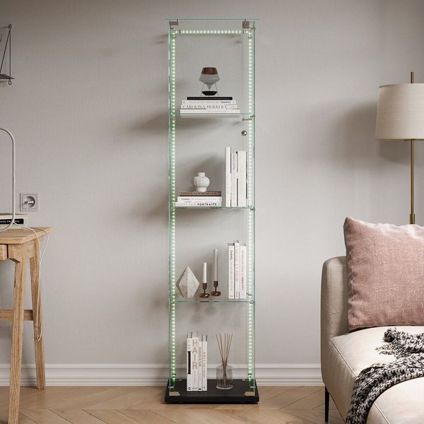FUROKOY Glasvitrine Standvitrinen, Vitrine aus gehärtetem Glas (Vitrinenschrank mit 1 Glastür und Lichtleiste für Sammler, Bücher) 4 Lagen Sammlervitrine, Schwarz