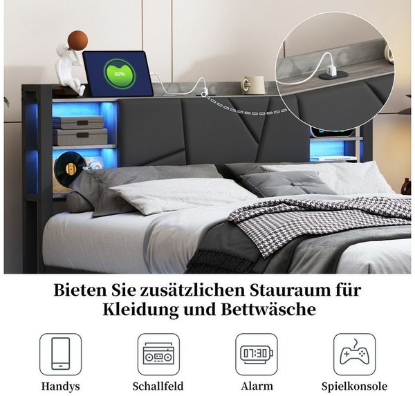 zebery Polsterbett LED Stauraumbett Doppelbett mit Ladefunktion (Kopfteil mit Stauraum,USB-Anschlüsse,Metallrahmen), Jugendbett 140x200 cm mit 2 Schubladen Bild 2