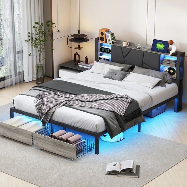 zebery Polsterbett LED Stauraumbett Doppelbett mit Ladefunktion (Kopfteil mit Stauraum,USB-Anschlüsse,Metallrahmen), Jugendbett 140x200 cm mit 2 Schubladen