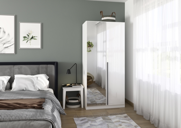 rauch Kleiderschrank Alba, Drehtürenschrank, Garderobenschrank, 2-türig, mit Spiegel, mit 1 Kleiderstange und 1 Einlegeboden, Farbe Hochglanz Weiß/Weiß, Griffstange Grau metallic, Schwarz, 91x197x54cm