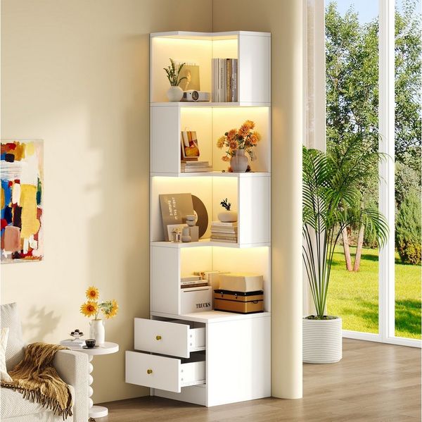 Flieks Bücherregal Standregal Eckregal mit LED-Beleuchtung und 6 Ebenen/5 Ebenen, B63,5/T45/H180 cm 1-tlg, Eckbücherregal mit 4 Fächer & 2 Schubladen L-förmig Hochschrank Weiß