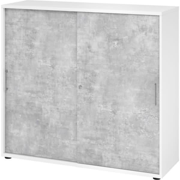 Büroschrank Aktenschrank Schiebetürenschrank, Weiß/Beton, Metallgriff, 110 x 40 x 120 cm