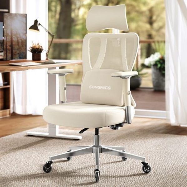 SONGMICS Schreibtischstuhl, Bürostuhl ergonomisch, Drehstuhl, höhenverstellbar, bis zu 150 kg belastbar,beige-weiß