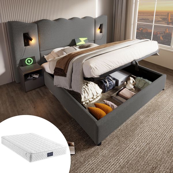 Polsterbett 160x200 cm mit Matratze, Bettkasten, Leselicht sowie 2 USB- und 2 Type-C-Anschlüssen