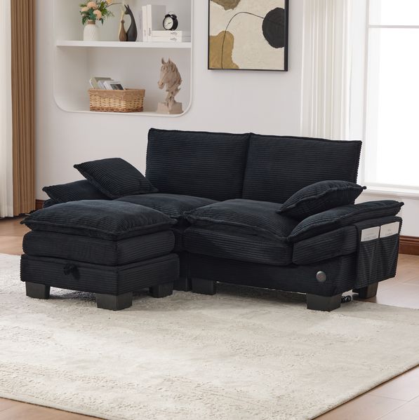 2-Sitzer Sofa 190 x 132 x 84 cm mit Hocker – Cordbezug, USB-C, Seitentaschen, Stauraum