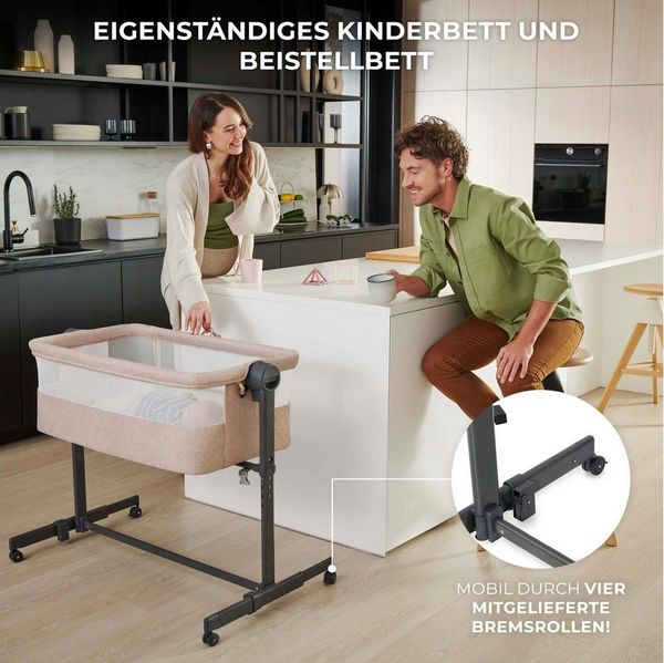 Kinderkraft NESTEE UP 2 Beistellbett 2 in 1, Kinderreisebett mit Matratze Laken, 5-stufige Matratzenhöhenverstellung, 4 Rädern mit Bremse, Weichen Material, Leichte Konstruktion, Ganz Grau