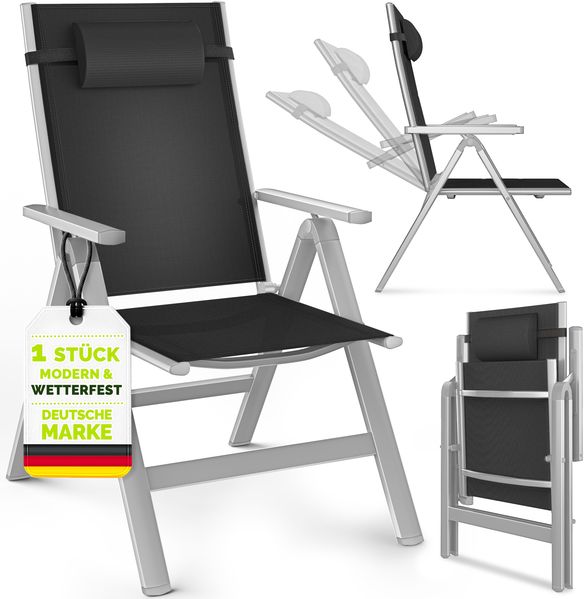 tillvex Gartenstuhl Premium 1 Stück Silber klappbar aus Aluminium | Hochlehner mit Armlehnen | Klappstuhl verstellbar | Klappsessel Balkon Garten Terrasse