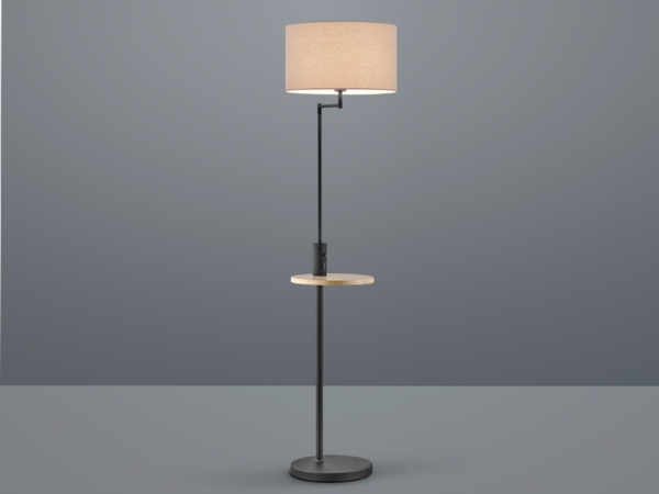 LED Stehleuchte Schwarz matt mit Stoffschirm, Ablagetisch & USB Anschluss, 160cm