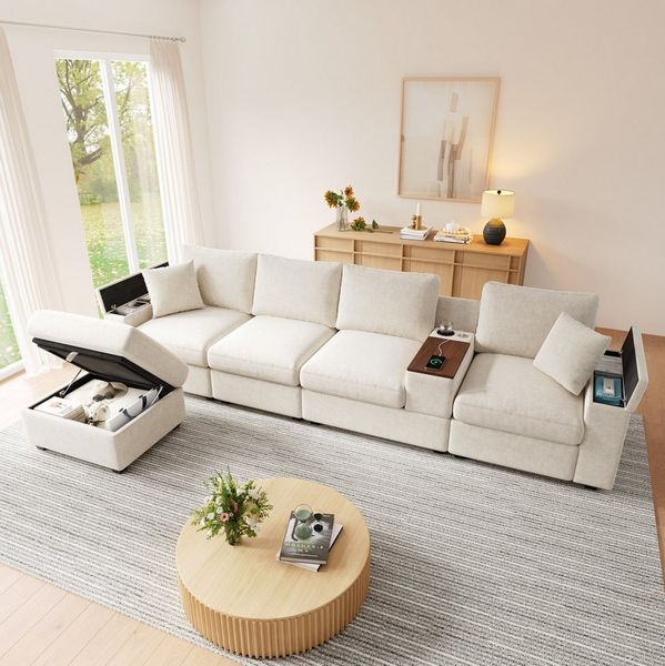 REDOM Ecksofa Modulares Sofa mit Armlehnen, Stauraum, USB/Type-C & Becherhaltern 1 Teile, Chenille, Beige, 313 x 147 x 82 cm