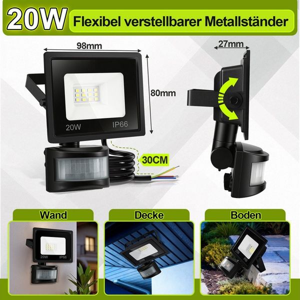 Clanmacy LED Flutlichtstrahler LED Fluter mit Bewegungsmelder 4X 20W Außenleuchte Kaltweiß Spotlight