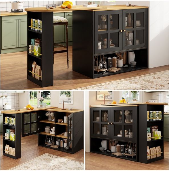 Flieks Bartisch 360° drehbar Stehtisch mit Sideboard (Länge 138-204 cm, 1-St, mit Regalen und verstellbare Einlegeböden), ausziehbar Esstisch mit 4 Türen Kommode Bistrotisch Mehrzweckschrank