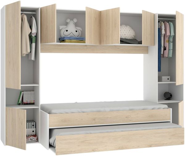 Dmora Schlafzimmer Giustizia, Komplettes Schlafzimmer, Komposition mit Bett und ausziehbarem Einzelbett, 303 x 97 x 203 cm, Eiche und Weiß Bild 7