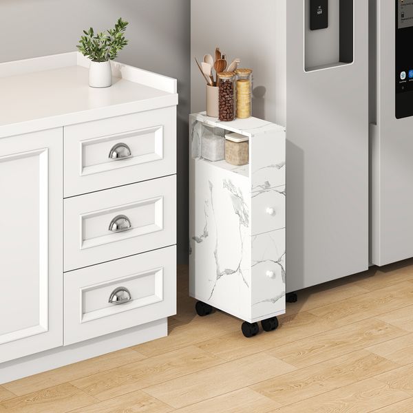 Nischenschrank auf Rollen Broreynna 66x15x33 cm Marmoroptik, weiß [en. casa]
