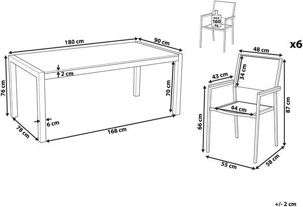 Essgruppe für 6 Personen GROSSETO Sicherheitsglas 180x90x76 cm Grau Bild 2