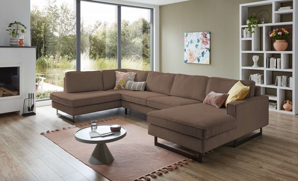 Home affaire Wohnlandschaft Pinto, 350 cm, U-Form, XXL, mit Ottomanen, Cord, Chenille, Lederoptik, mit Keder, Metallfüße, Wellenunterfederung