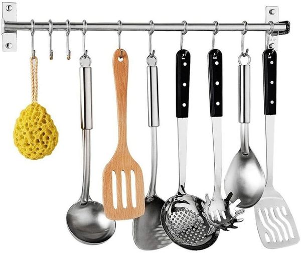 Refined Living Hakenleiste Edelstahl Küchenreling mit 12 Haken, Wandmontage, Bad Hakenleiste, (Edelstahl Hakenleiste, Wandhaken Küche, Hängeleiste Haken, Hakenleiste Wand, Küchenutensilienhalter, Küchenhaken mit Haken, Utensilienhalter Küche, Küchenhel...