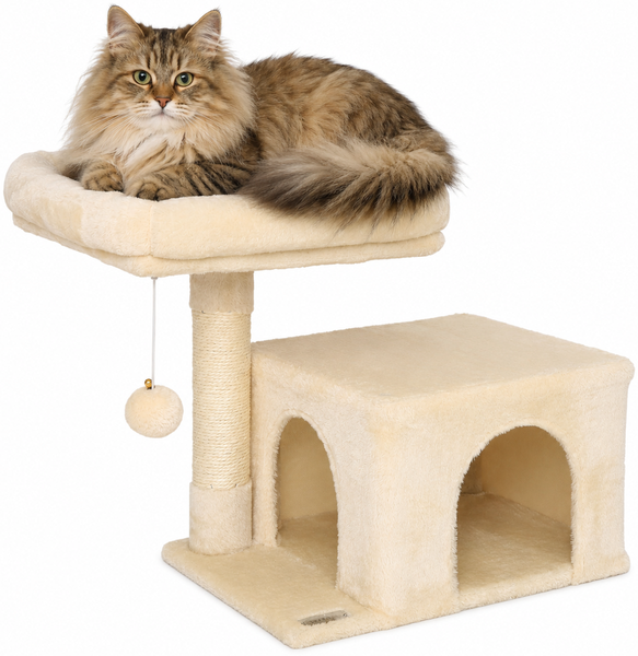 lionto Kratzbaum 50 cm, platzsparender Katzenkratzbaum mit Plüschbezug, Spielball & Sisalstange, für Kitten & Jungtiere, beige