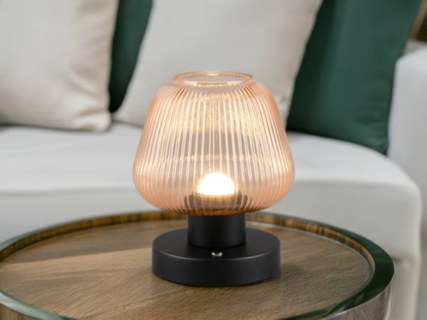 Kabellose LED Akku Tischleuchte QUENYA Glasschirm Bernstein, Höhe 18cm