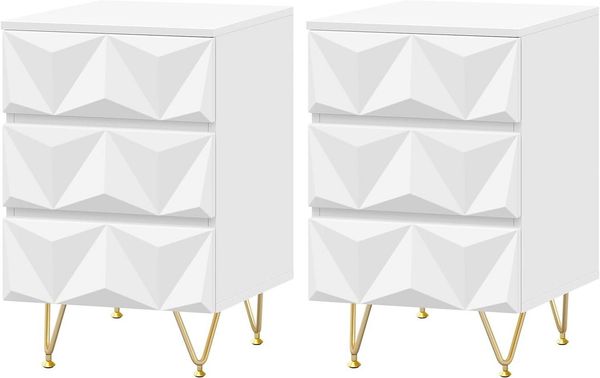 EUGAD Nachttisch (2-St, 2er Set), mit 3 Schubladen, 40x62,5x40 cm, Weiß + Gold